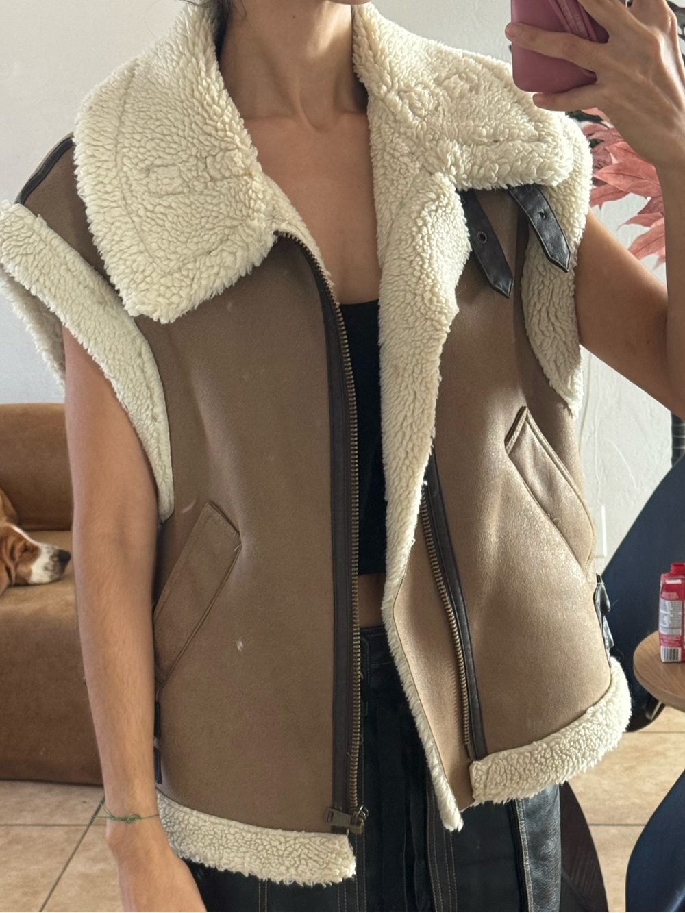 Zara Brown Vest with Cream Shearling Trim